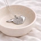 Fingerprint on a silver bird necklace