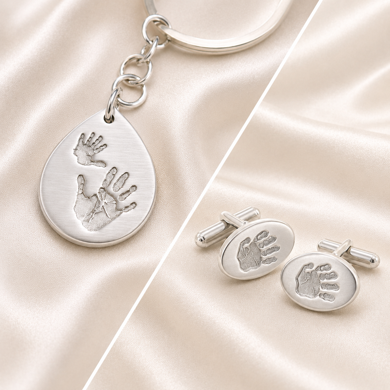 Keyring with handprints and cufflinks with handprints  engraved on them