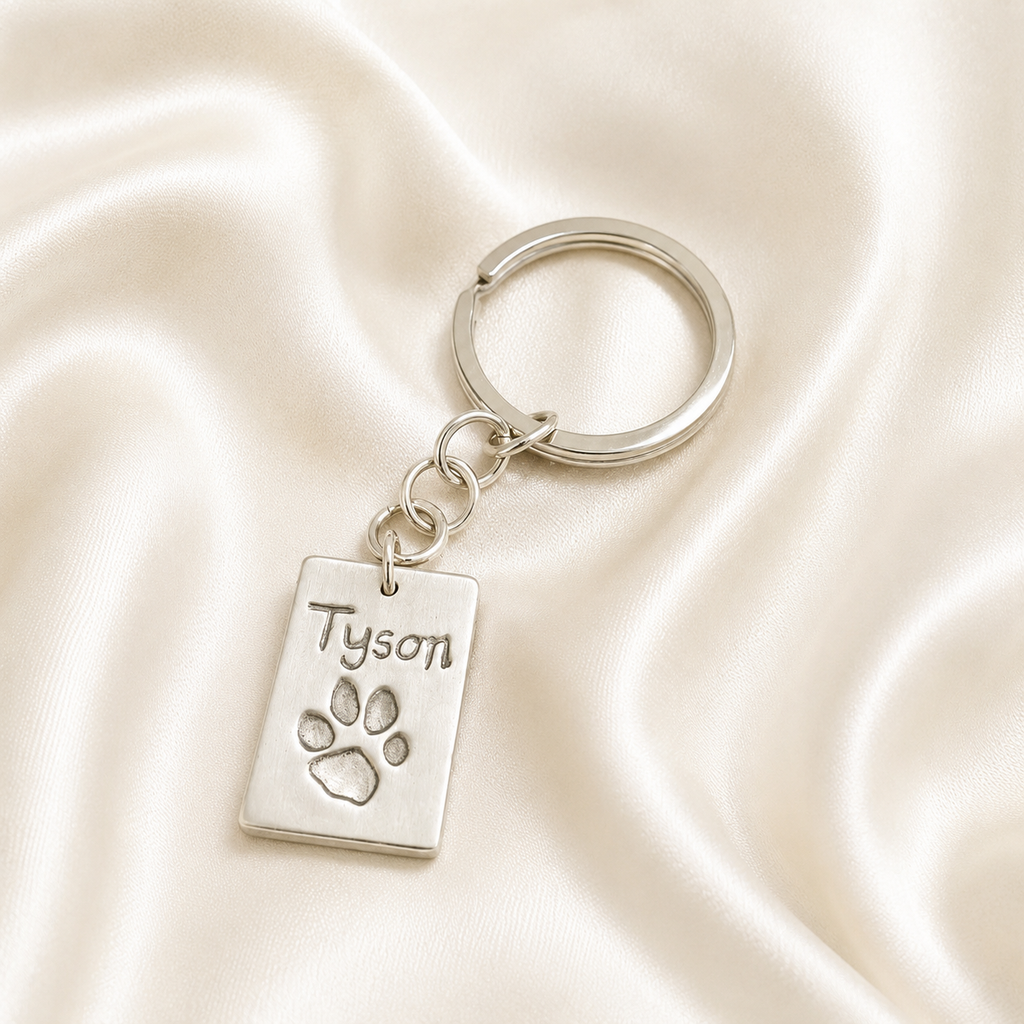 Personalised Silver Pawprint Keyring Small Heart