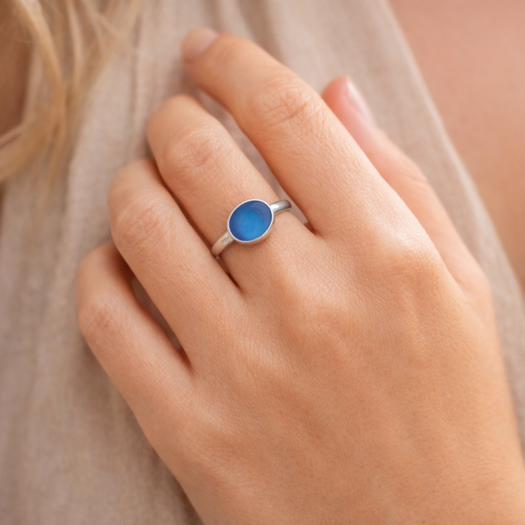 Seaglass ring on a model