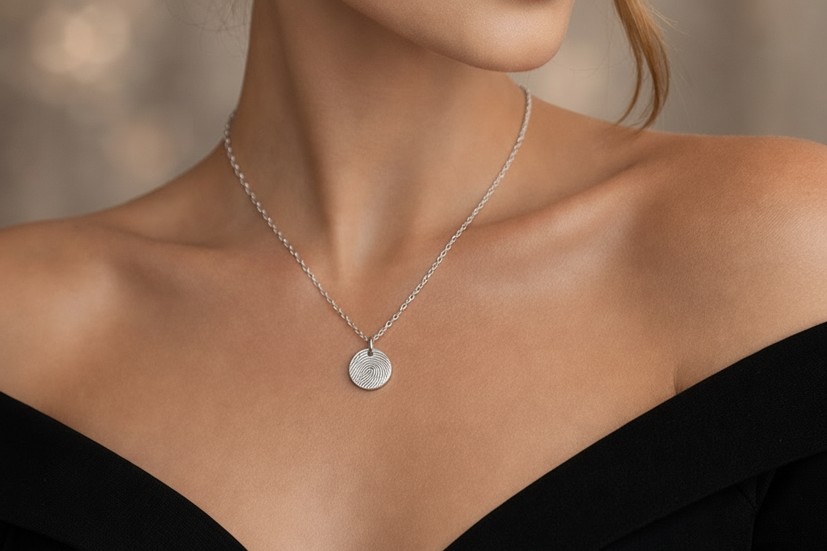 woman wearing a fingerprint necklace
