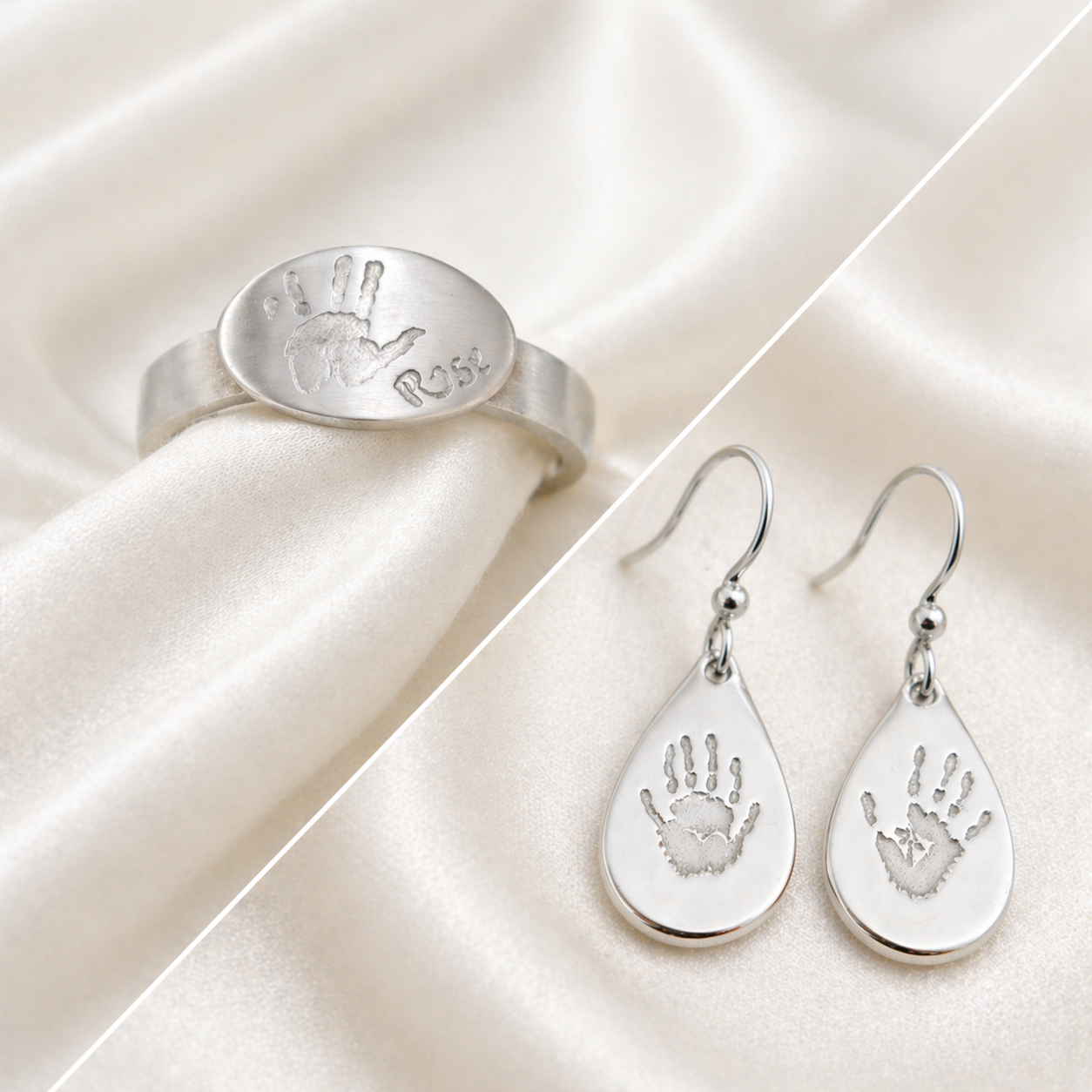 earrings and ring with handprint on ut