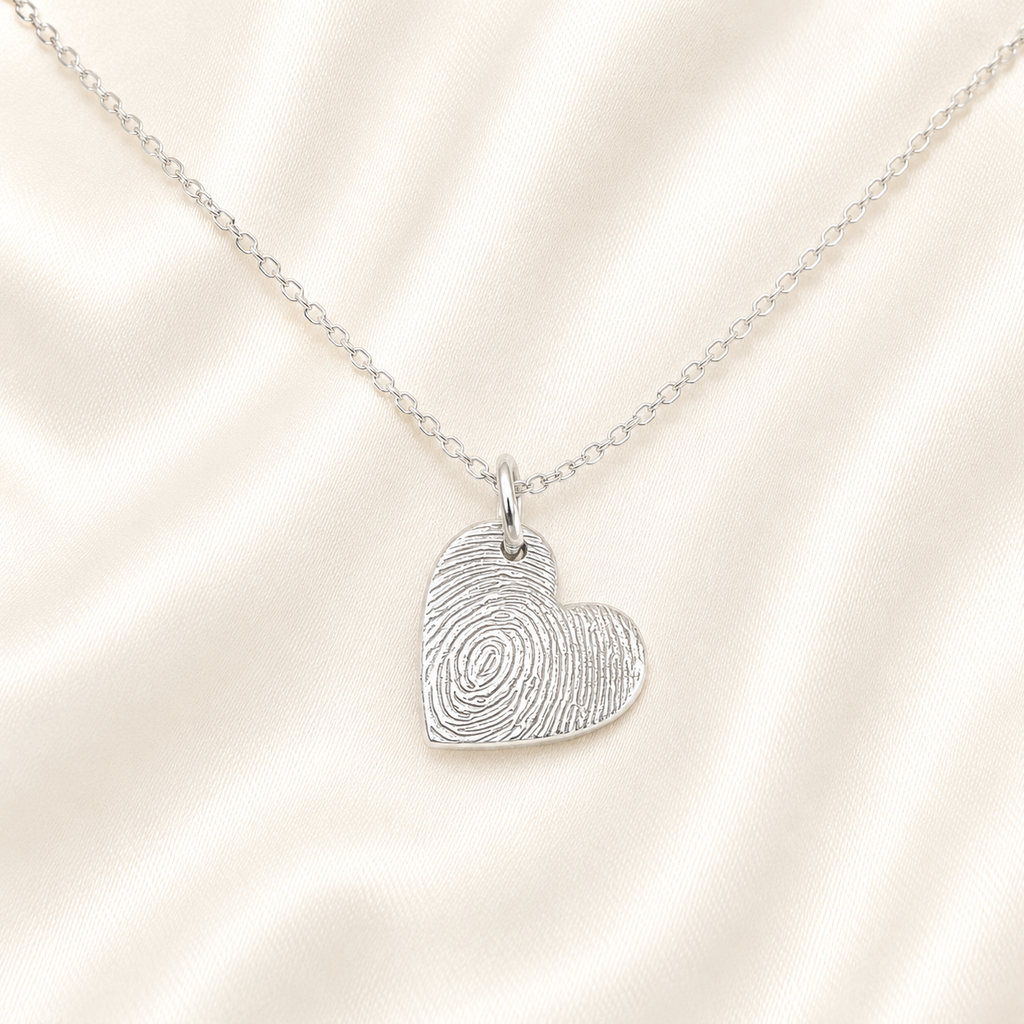 Small silver heart with fingeprint on it